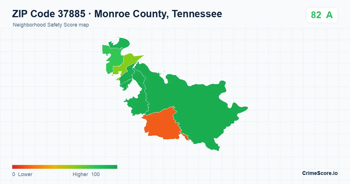 ZIP Code 37885 in Monroe County, Tennessee neighborhood Safety Score map