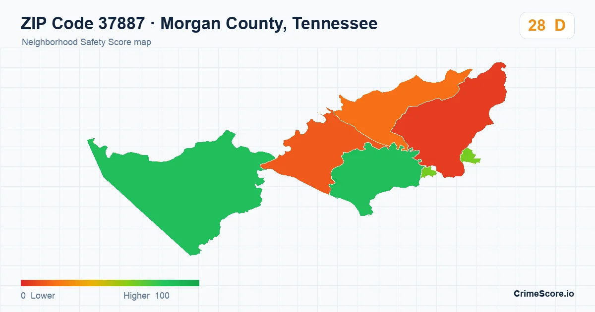 ZIP Code 37887 in Morgan County, Tennessee neighborhood Safety Score map