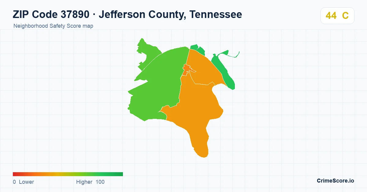 ZIP Code 37890 in Jefferson County, Tennessee neighborhood Safety Score map