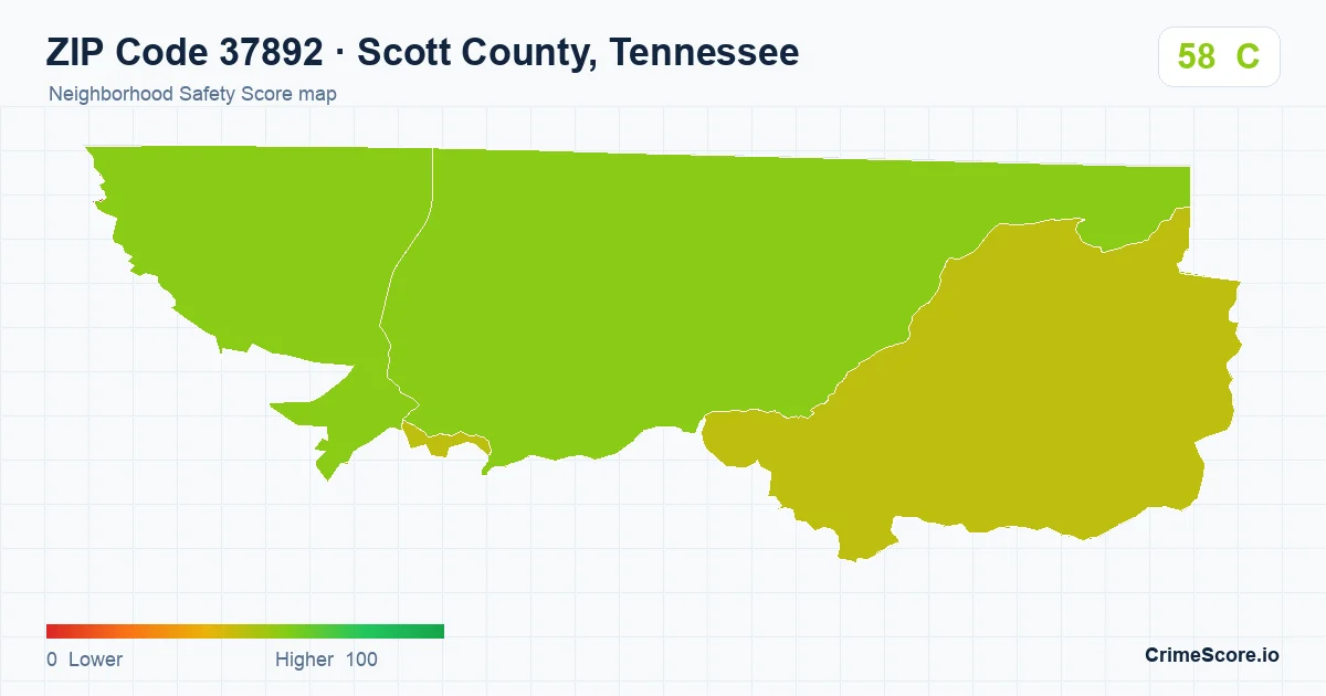 ZIP Code 37892 in Scott County, Tennessee neighborhood Safety Score map