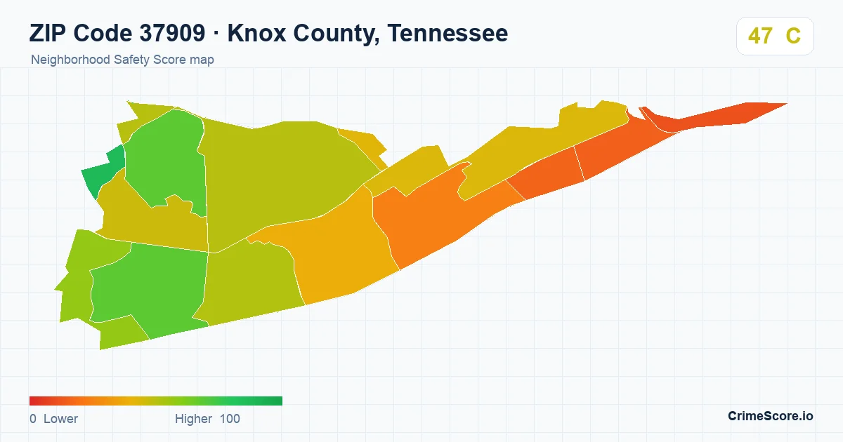 ZIP Code 37909 in Knox County, Tennessee neighborhood Safety Score map
