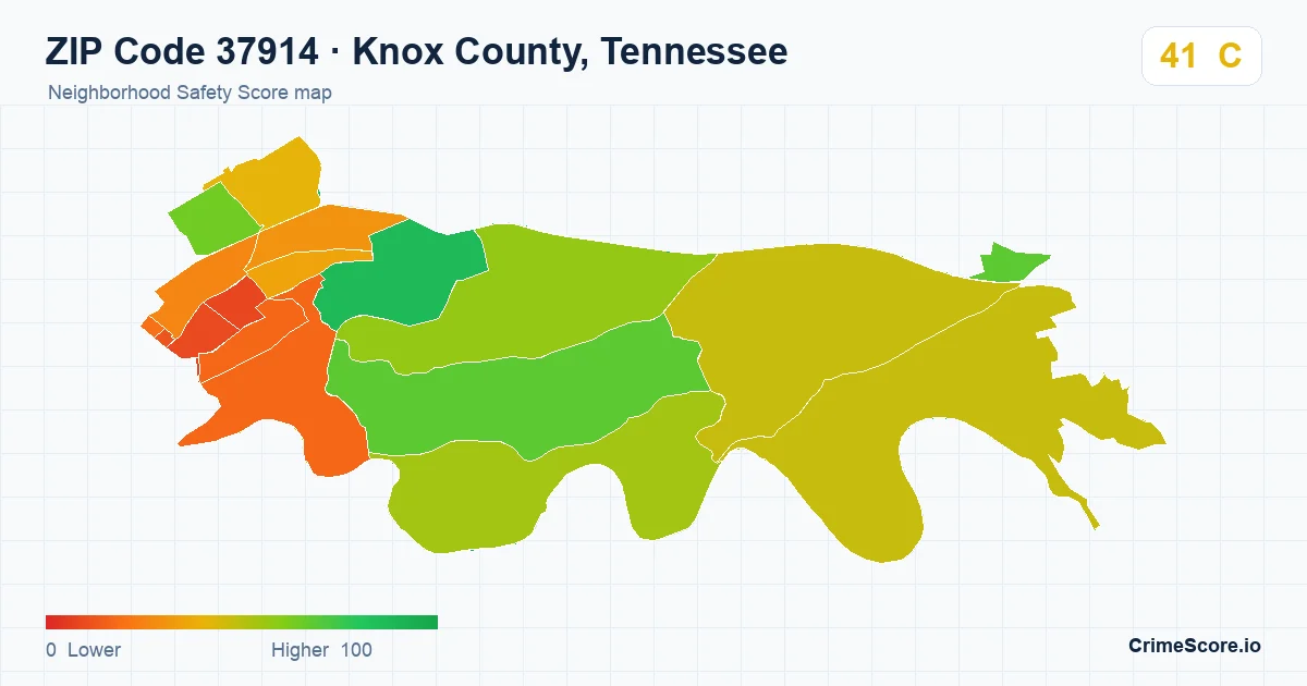ZIP Code 37914 in Knox County, Tennessee neighborhood Safety Score map