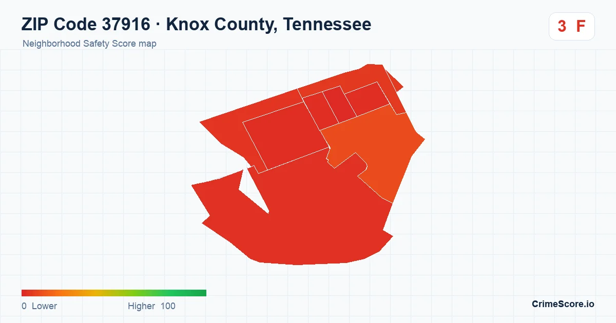ZIP Code 37916 in Knox County, Tennessee neighborhood Safety Score map