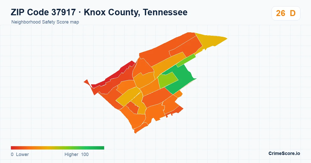 ZIP Code 37917 in Knox County, Tennessee neighborhood Safety Score map