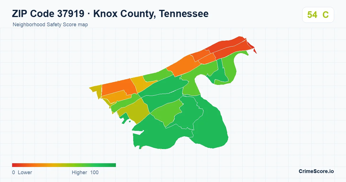 ZIP Code 37919 in Knox County, Tennessee neighborhood Safety Score map