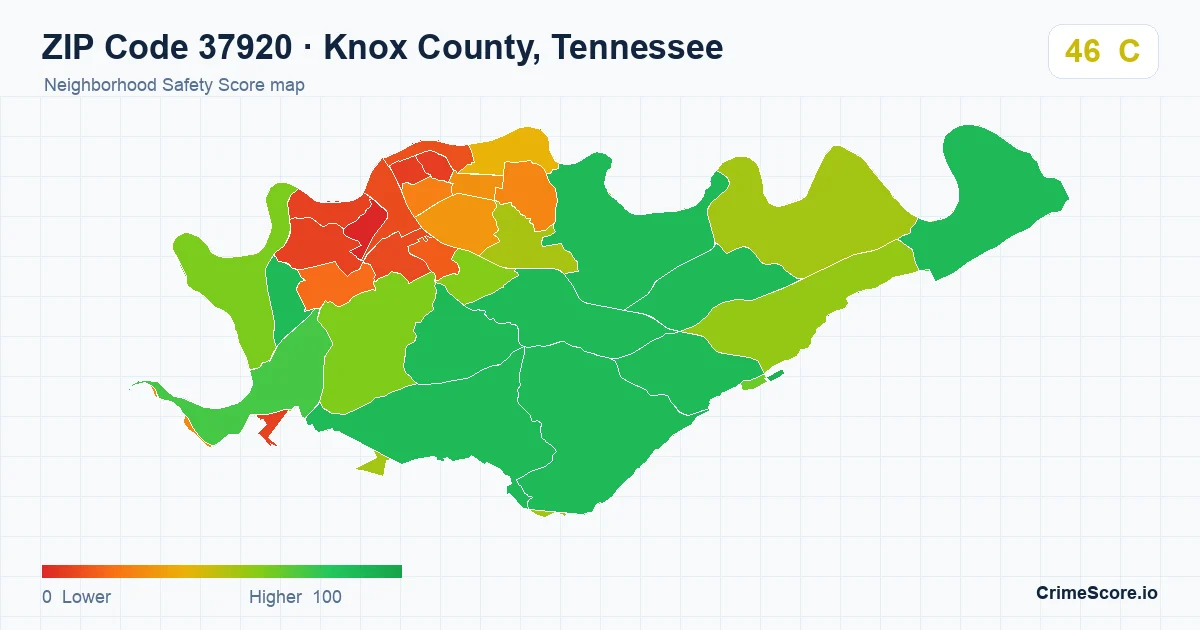 ZIP Code 37920 in Knox County, Tennessee neighborhood Safety Score map