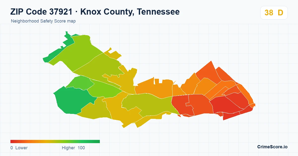 ZIP Code 37921 in Knox County, Tennessee neighborhood Safety Score map