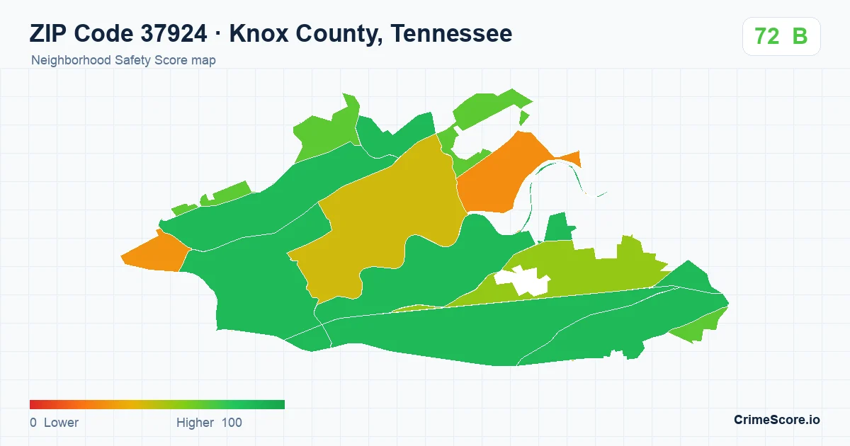 ZIP Code 37924 in Knox County, Tennessee neighborhood Safety Score map