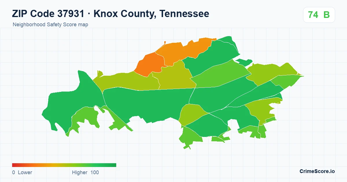 ZIP Code 37931 in Knox County, Tennessee neighborhood Safety Score map