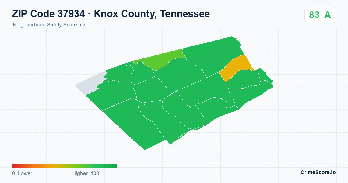 ZIP Code 37934 in Knox County, Tennessee neighborhood Safety Score map