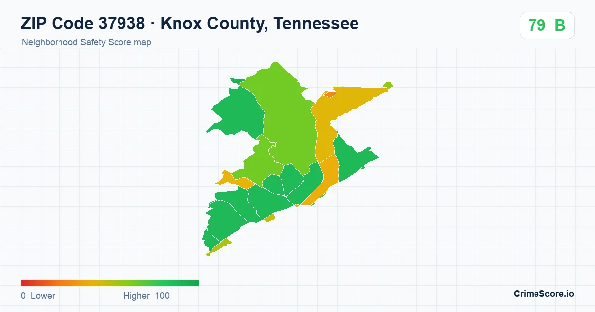 ZIP Code 37938 in Knox County, Tennessee neighborhood Safety Score map