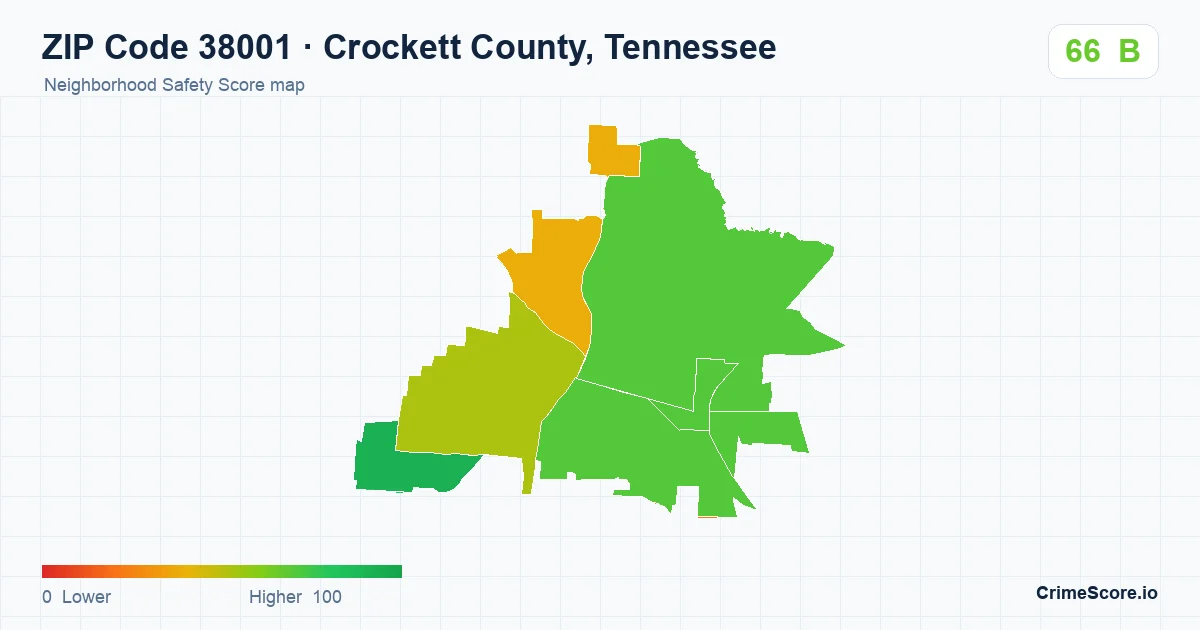 ZIP Code 38001 in Crockett County, Tennessee neighborhood Safety Score map