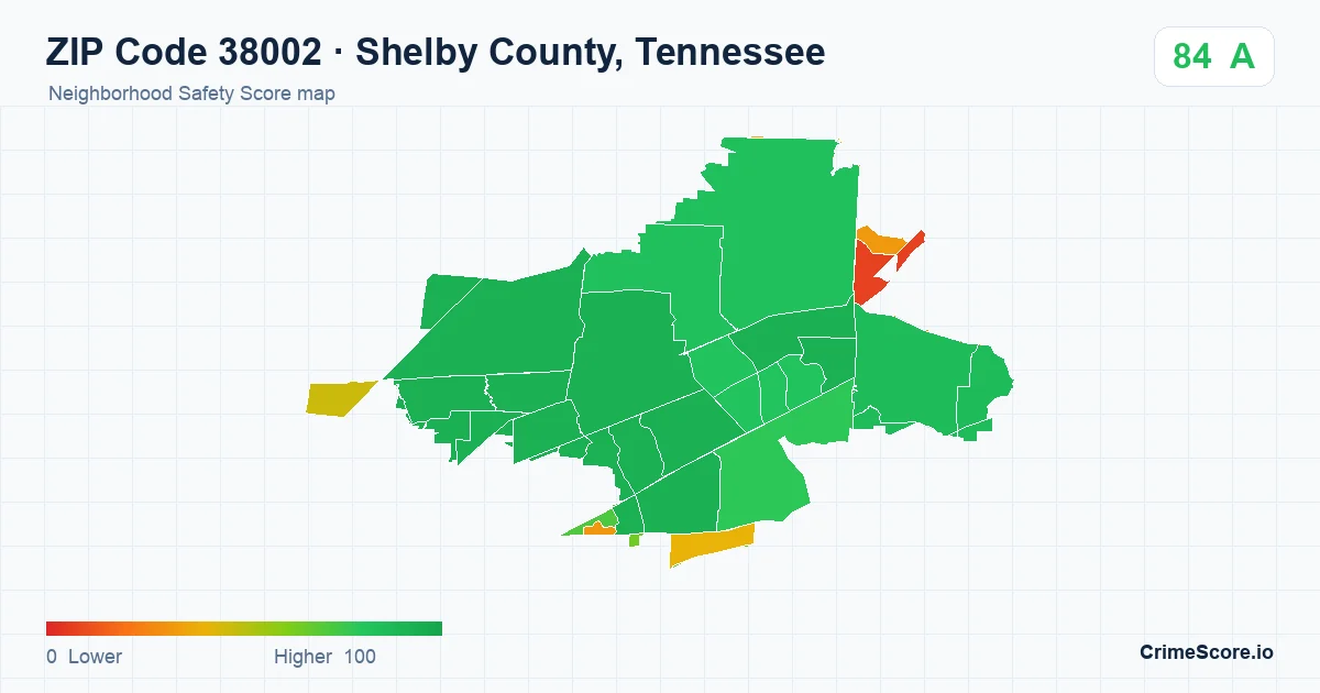 ZIP Code 38002 in Shelby County, Tennessee neighborhood Safety Score map