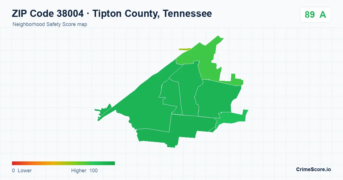 ZIP Code 38004 in Tipton County, Tennessee neighborhood Safety Score map
