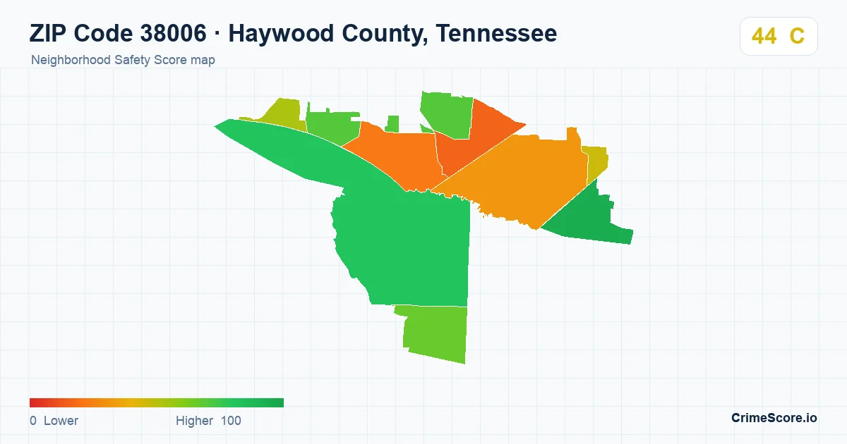 ZIP Code 38006 in Haywood County, Tennessee neighborhood Safety Score map