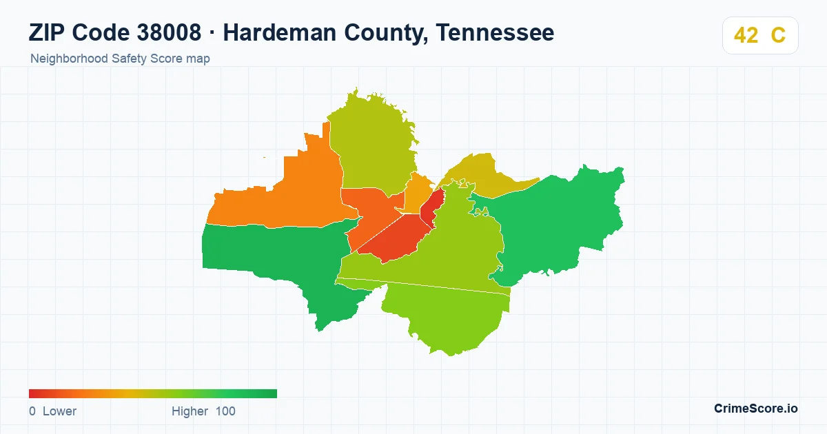 ZIP Code 38008 in Hardeman County, Tennessee neighborhood Safety Score map
