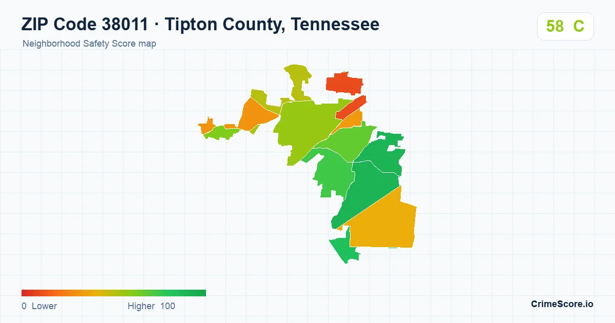 ZIP Code 38011 in Tipton County, Tennessee neighborhood Safety Score map