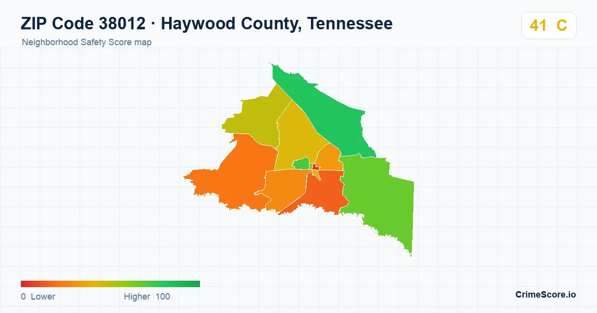 ZIP Code 38012 in Haywood County, Tennessee neighborhood Safety Score map
