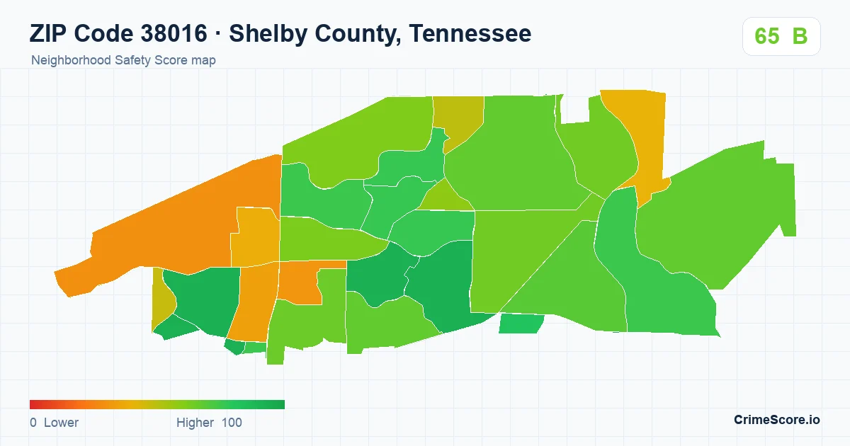 ZIP Code 38016 in Shelby County, Tennessee neighborhood Safety Score map