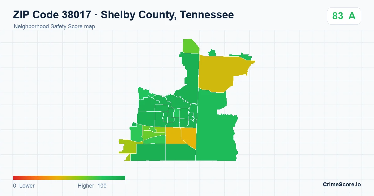 ZIP Code 38017 in Shelby County, Tennessee neighborhood Safety Score map