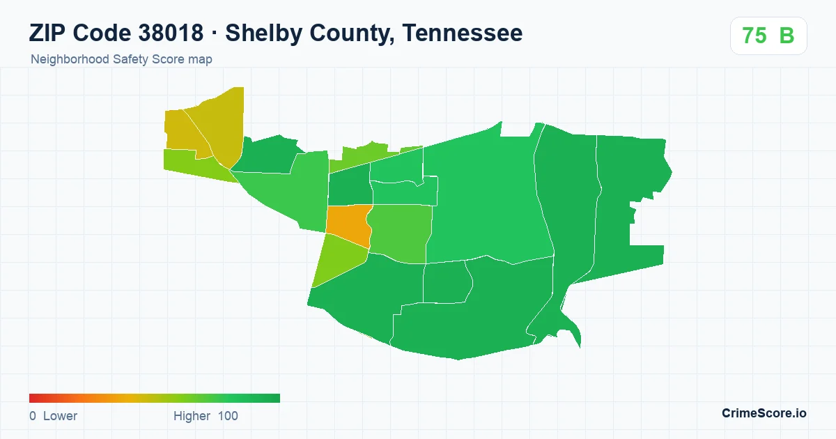 ZIP Code 38018 in Shelby County, Tennessee neighborhood Safety Score map