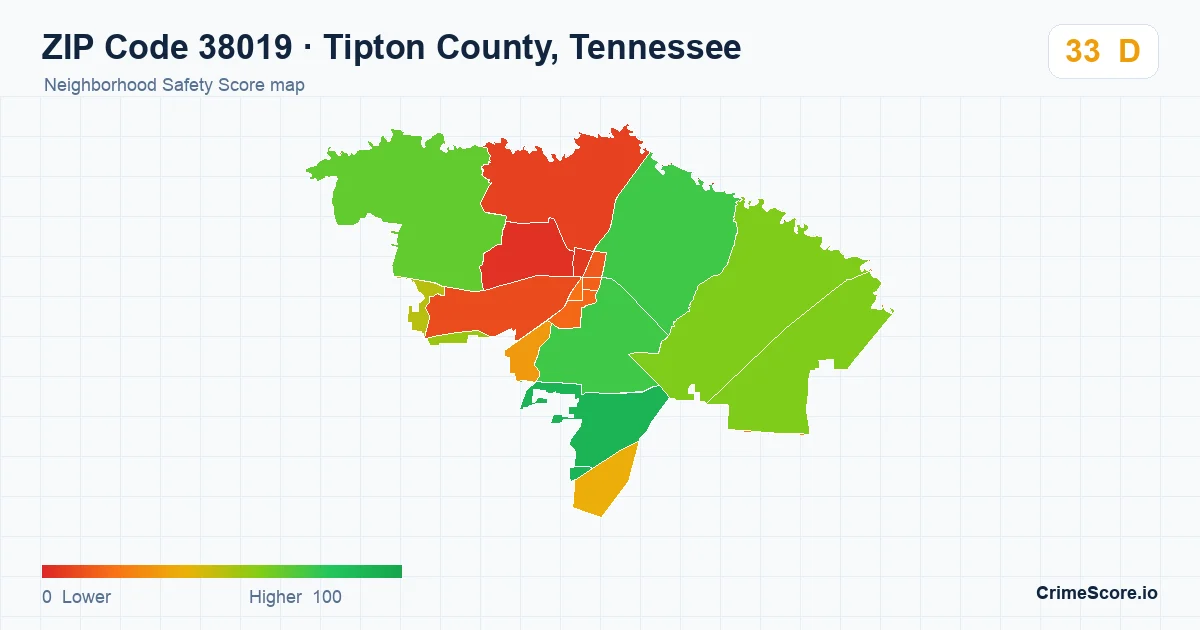 ZIP Code 38019 in Tipton County, Tennessee neighborhood Safety Score map