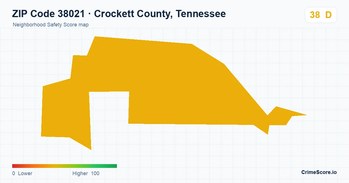 ZIP Code 38021 in Crockett County, Tennessee neighborhood Safety Score map
