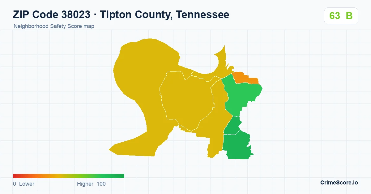 ZIP Code 38023 in Tipton County, Tennessee neighborhood Safety Score map