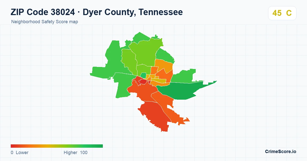 ZIP Code 38024 in Dyer County, Tennessee neighborhood Safety Score map