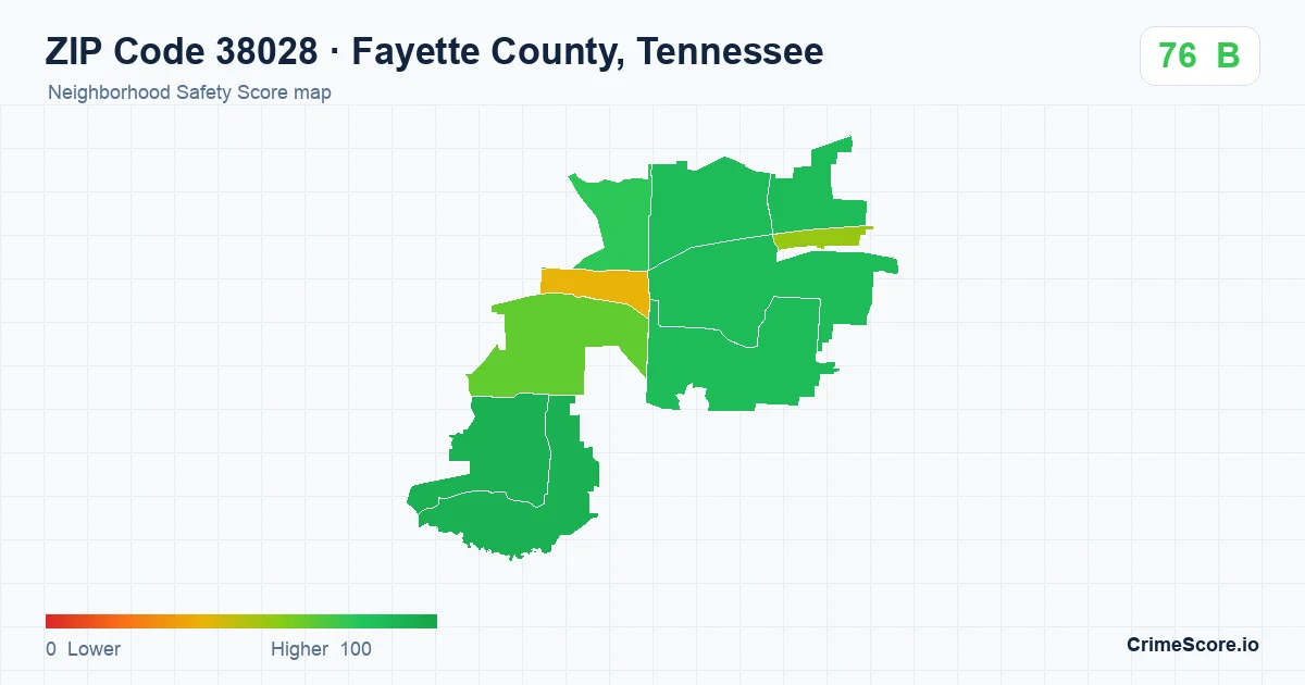 ZIP Code 38028 in Fayette County, Tennessee neighborhood Safety Score map