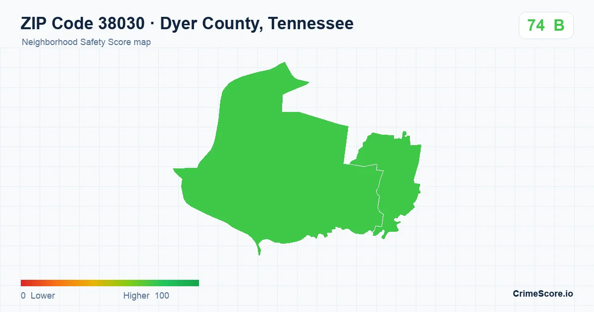 ZIP Code 38030 in Dyer County, Tennessee neighborhood Safety Score map