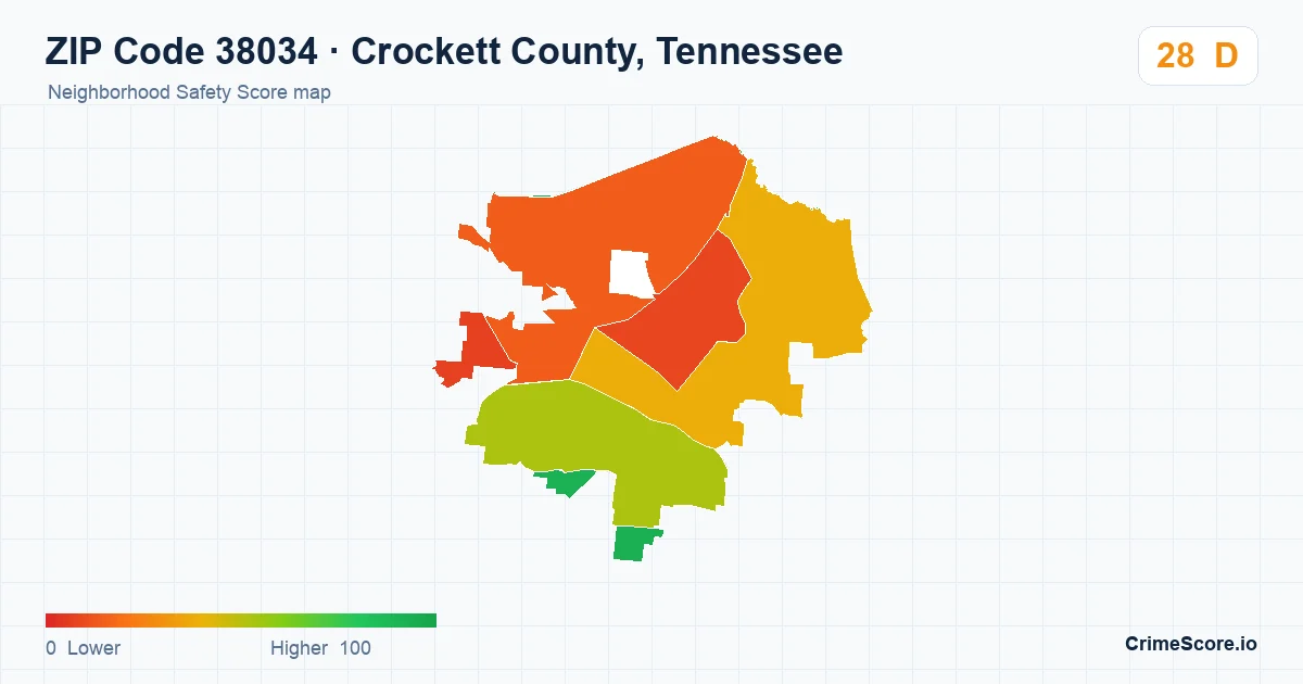 ZIP Code 38034 in Crockett County, Tennessee neighborhood Safety Score map