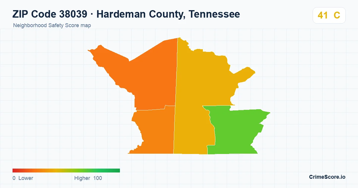 ZIP Code 38039 in Hardeman County, Tennessee neighborhood Safety Score map