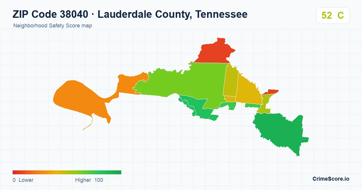 ZIP Code 38040 in Lauderdale County, Tennessee neighborhood Safety Score map