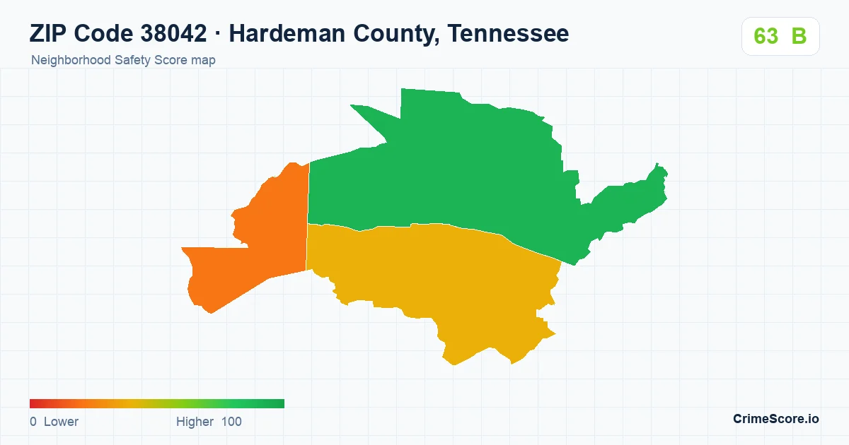 ZIP Code 38042 in Hardeman County, Tennessee neighborhood Safety Score map