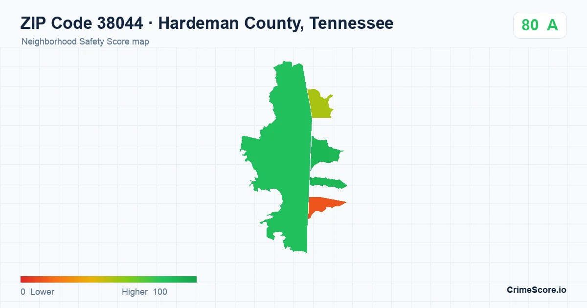 ZIP Code 38044 in Hardeman County, Tennessee neighborhood Safety Score map