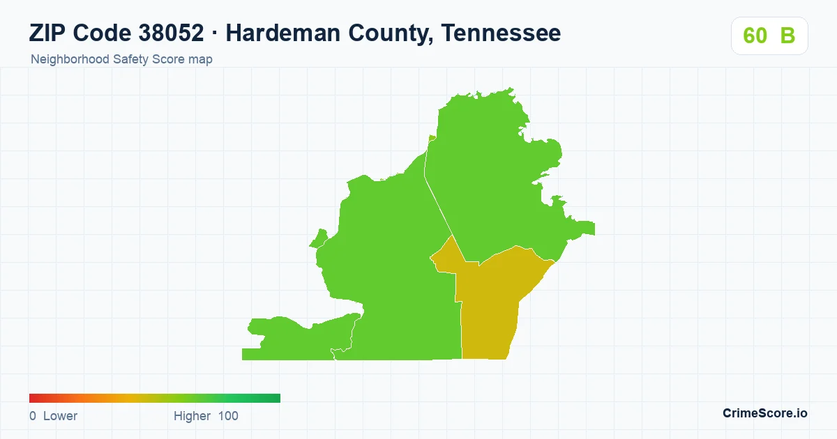 ZIP Code 38052 in Hardeman County, Tennessee neighborhood Safety Score map