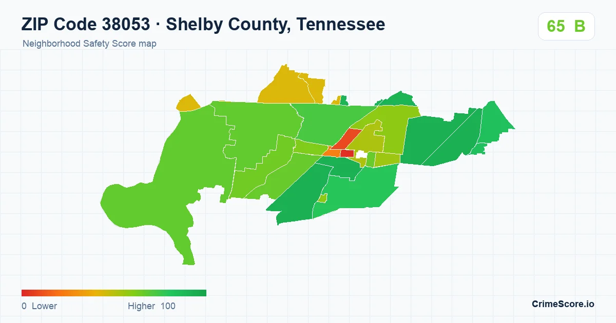ZIP Code 38053 in Shelby County, Tennessee neighborhood Safety Score map