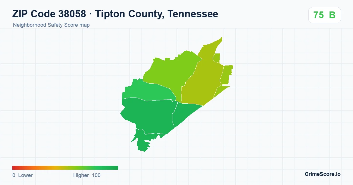 ZIP Code 38058 in Tipton County, Tennessee neighborhood Safety Score map