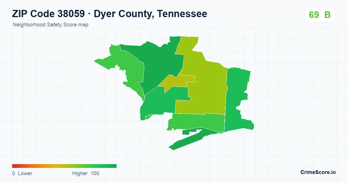 ZIP Code 38059 in Dyer County, Tennessee neighborhood Safety Score map