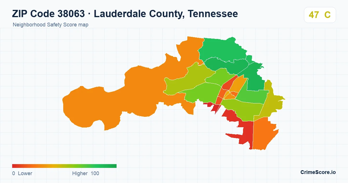 ZIP Code 38063 in Lauderdale County, Tennessee neighborhood Safety Score map