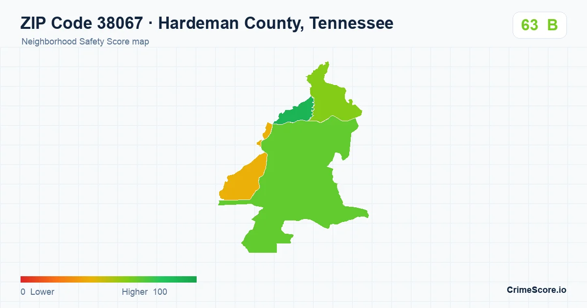 ZIP Code 38067 in Hardeman County, Tennessee neighborhood Safety Score map