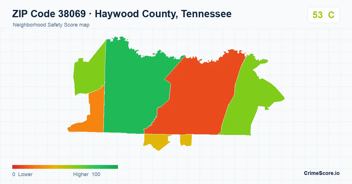 ZIP Code 38069 in Haywood County, Tennessee neighborhood Safety Score map