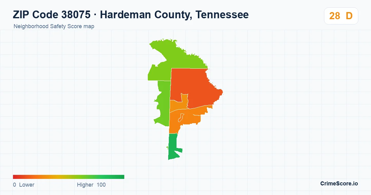 ZIP Code 38075 in Hardeman County, Tennessee neighborhood Safety Score map