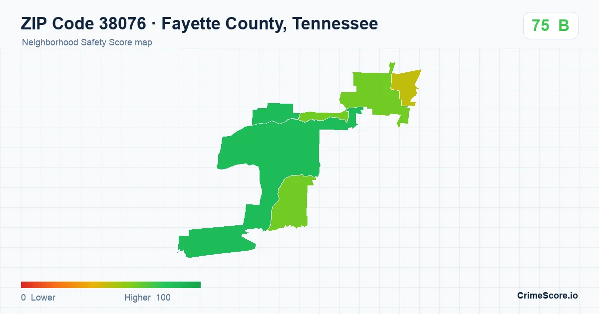 ZIP Code 38076 in Fayette County, Tennessee neighborhood Safety Score map