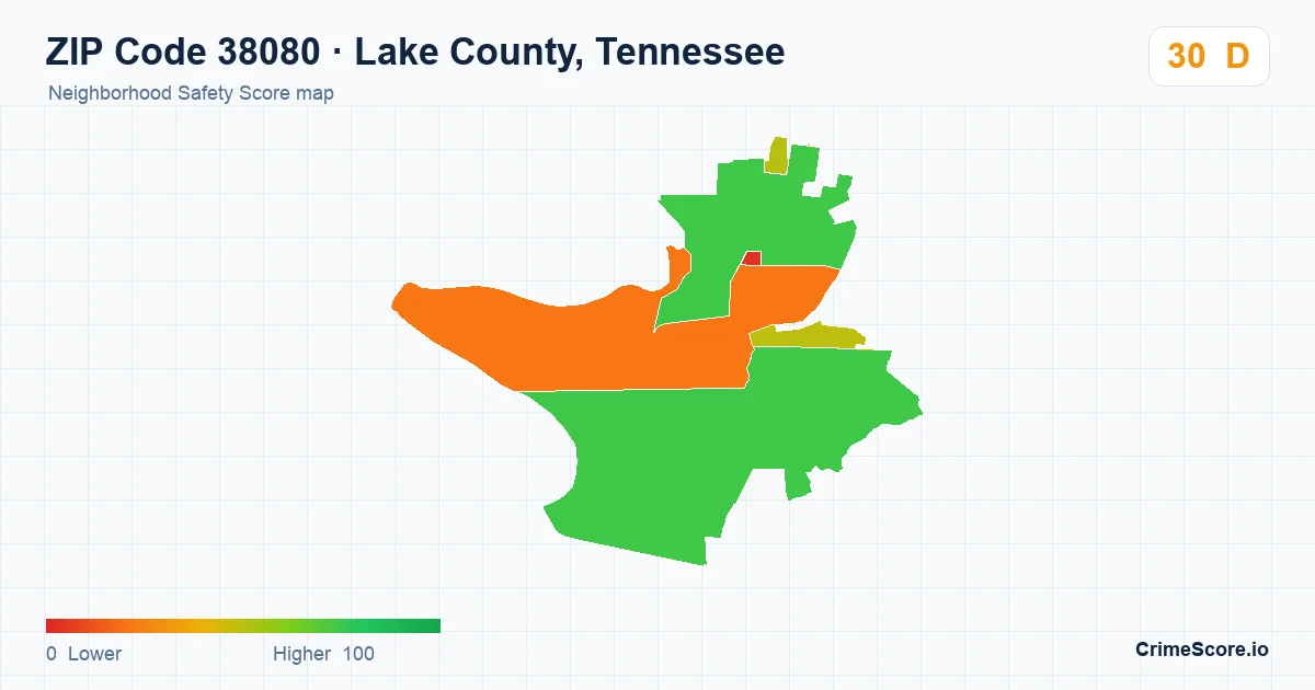 ZIP Code 38080 in Lake County, Tennessee neighborhood Safety Score map