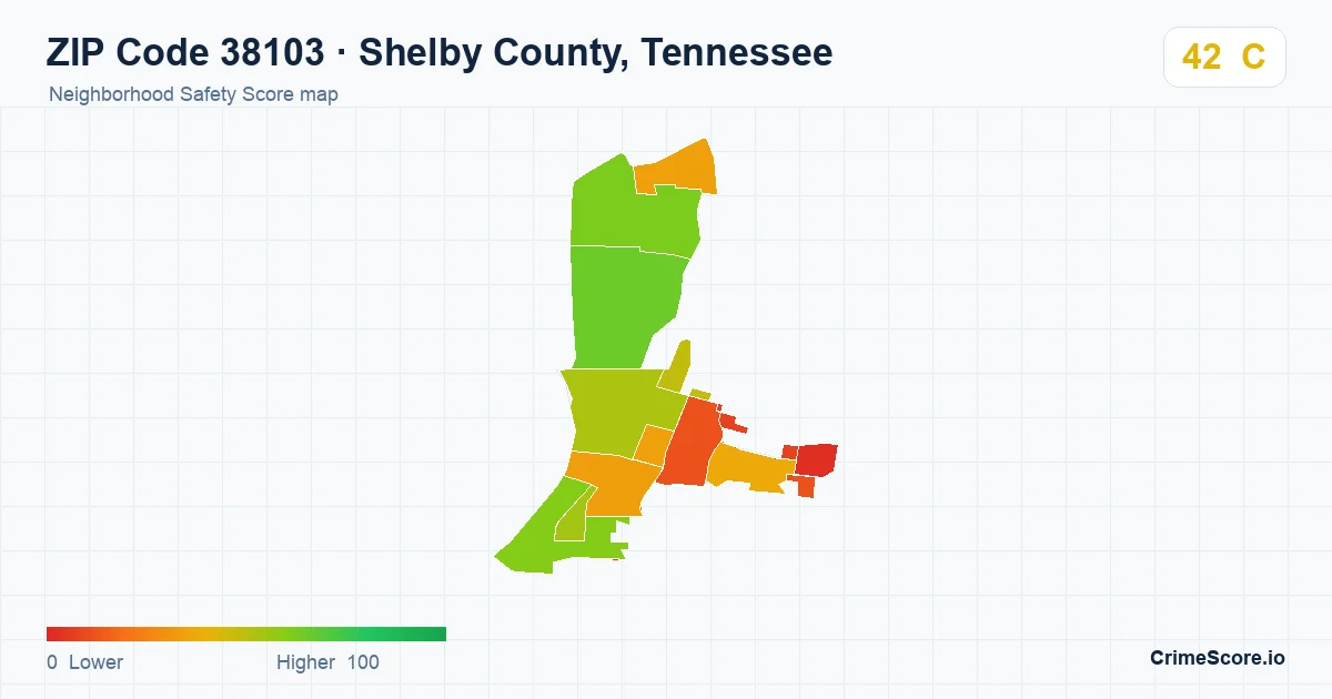 ZIP Code 38103 in Shelby County, Tennessee neighborhood Safety Score map