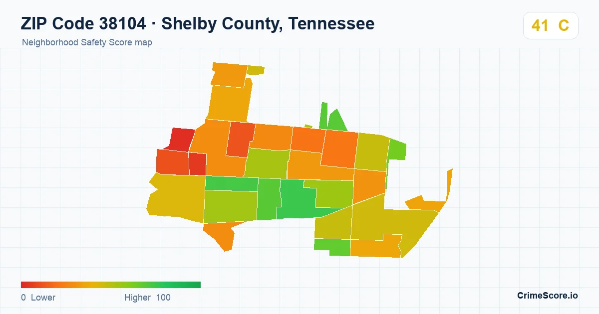 ZIP Code 38104 in Shelby County, Tennessee neighborhood Safety Score map