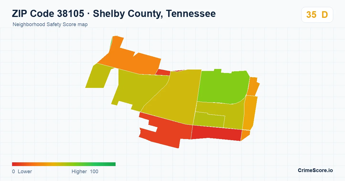 ZIP Code 38105 in Shelby County, Tennessee neighborhood Safety Score map
