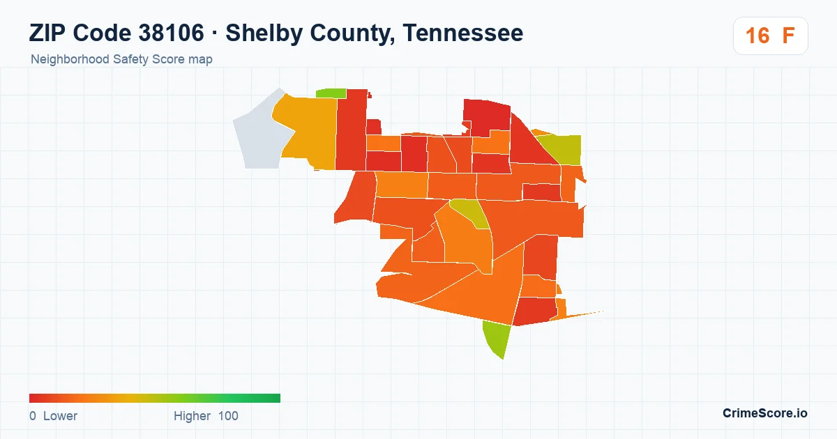 ZIP Code 38106 in Shelby County, Tennessee neighborhood Safety Score map